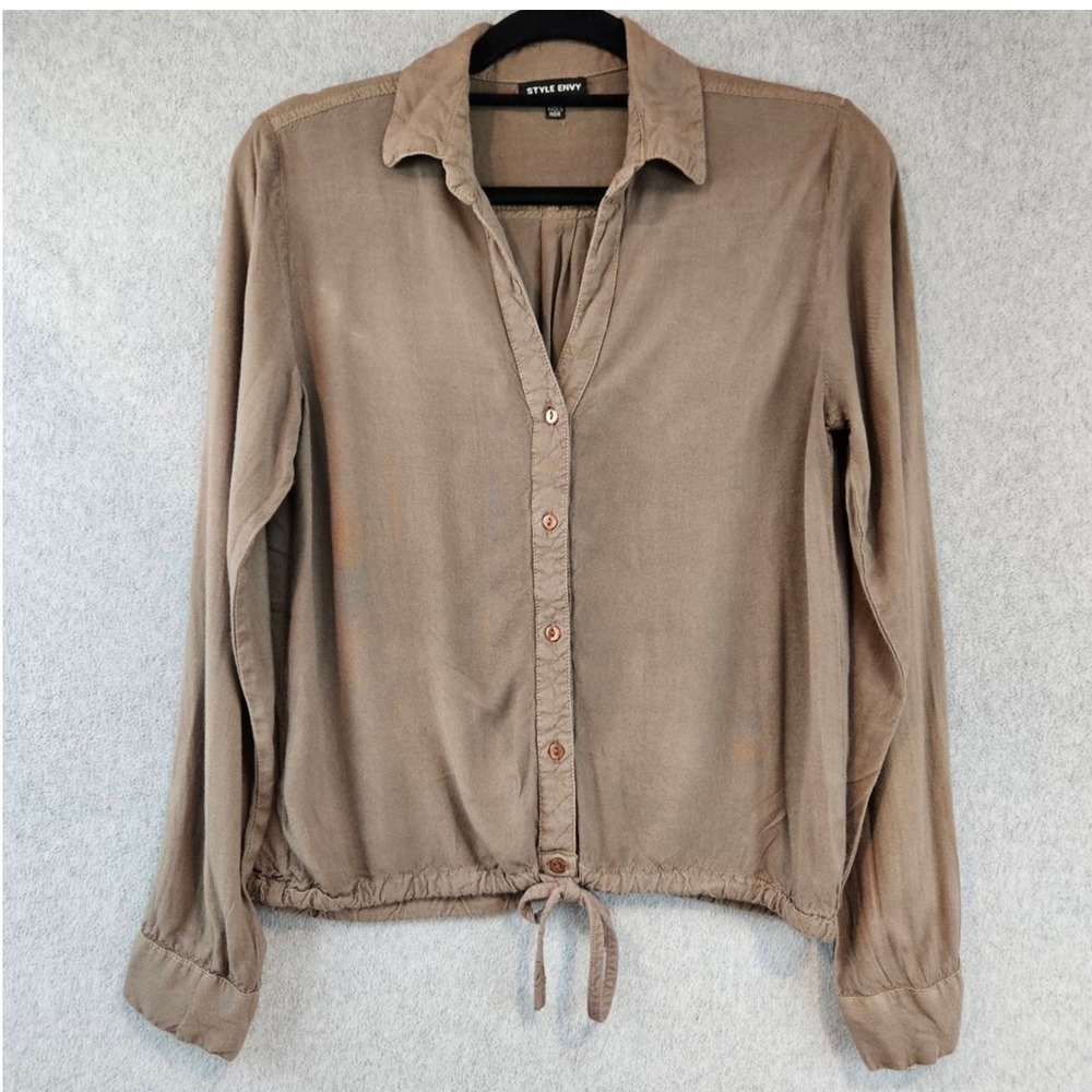 Style Envy Button Up Shirt Women Medium Oatmeal Beige Lightweight Front Tie Boho